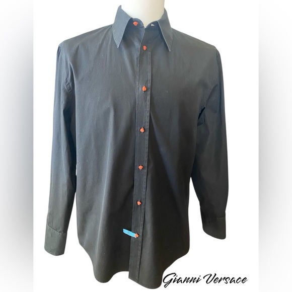 Versace men’s button-down black shirt with orange medusa buttons size 48 - Picture 1 of 8